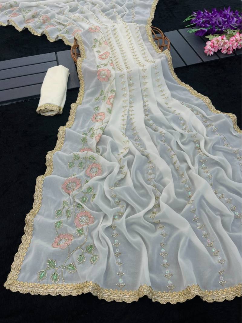Heavy star georgette beads & lace work saree