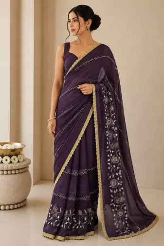 Heavy star georgette beads & lace work saree
