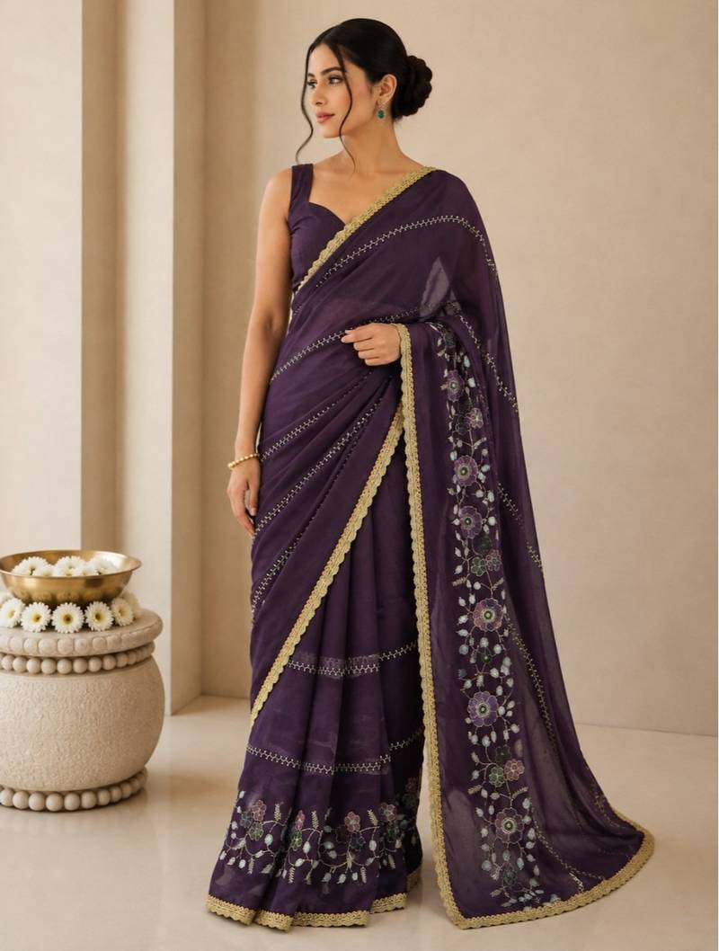 Heavy star georgette beads & lace work saree