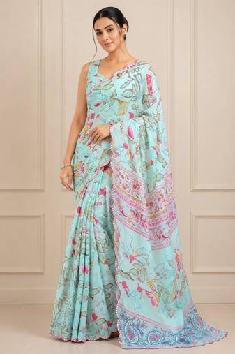 aqua blue heavy silk blend mirror work saree