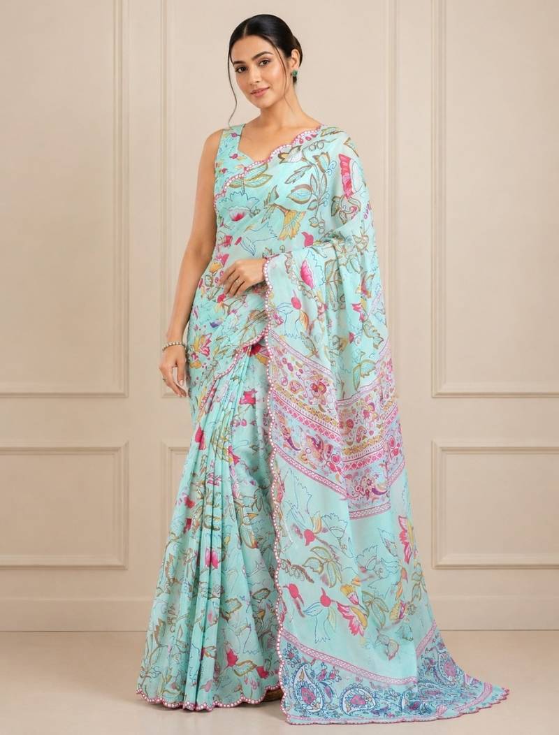 premium heavy chinon silk blend mirror work saree