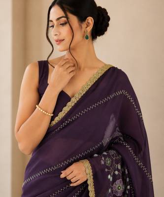 Heavy star georgette beads & lace work saree 2