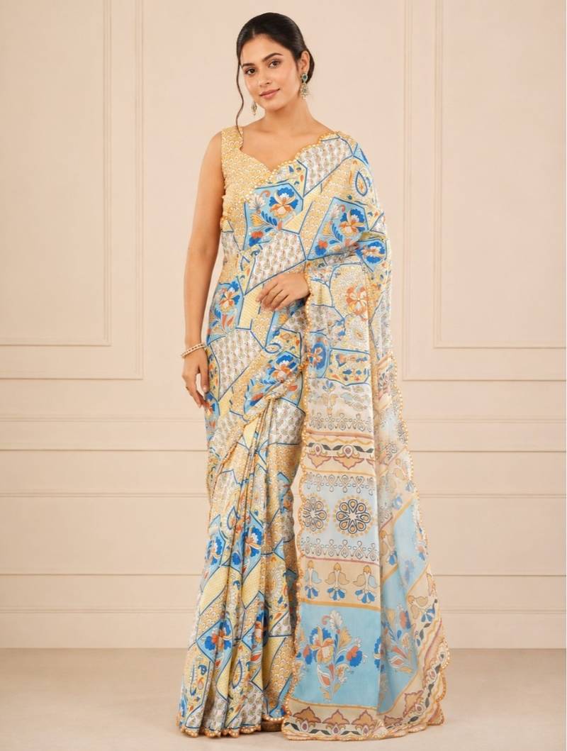 premium heavy chinon silk blend mirror work saree