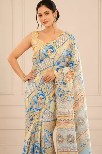 premium heavy chinon silk blend mirror work saree