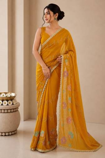 Heavy star georgette beads & lace work saree