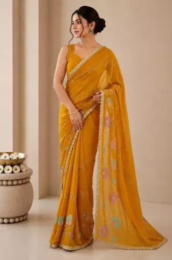 Heavy star georgette beads & lace work saree