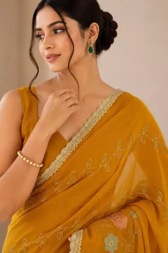 Heavy star georgette beads & lace work saree