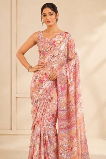 peach heavy silk blend mirror work saree