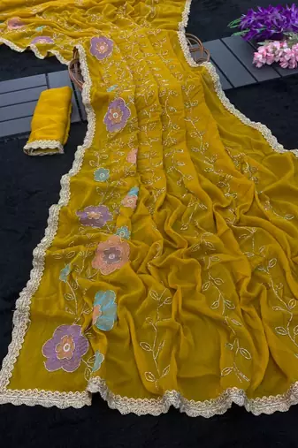 Heavy star georgette beads & lace work saree