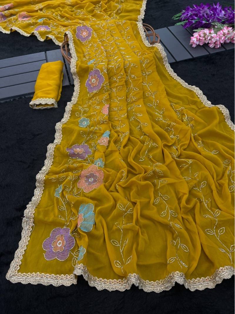 Heavy star georgette beads & lace work saree