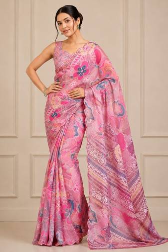 pink heavy silk blend mirror work saree