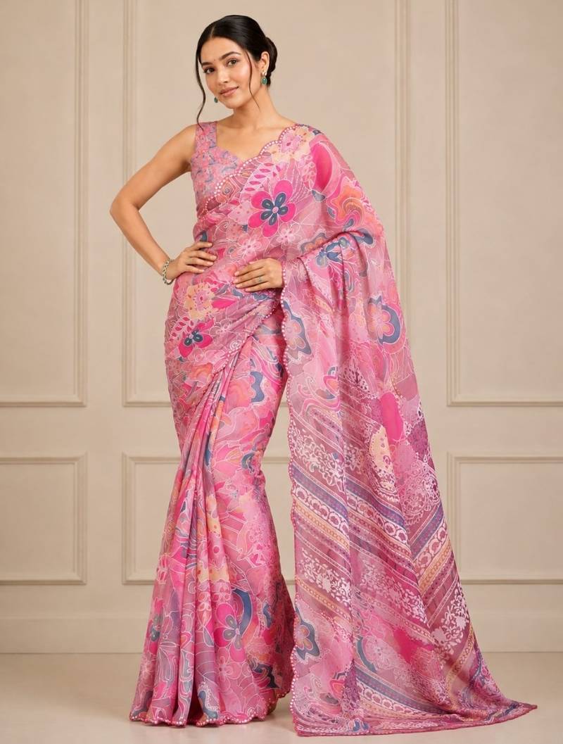 premium heavy chinon silk blend mirror work saree