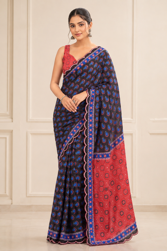 premium heavy chinon silk blend mirror work saree
