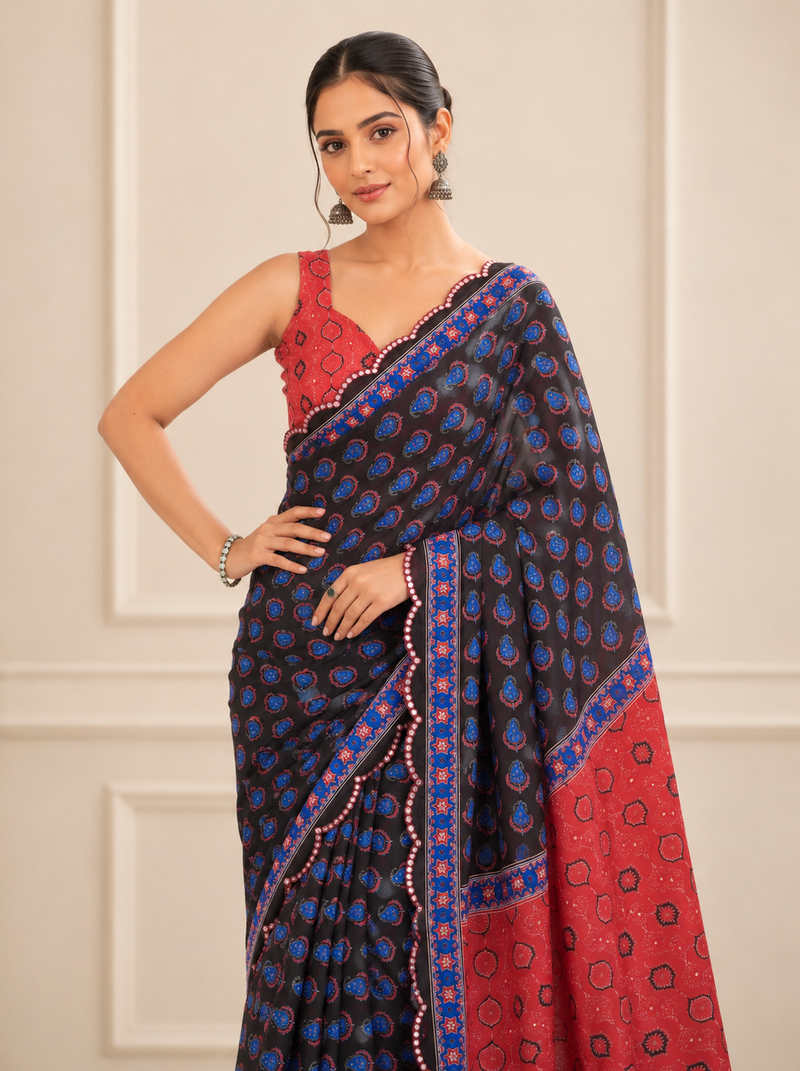 premium heavy chinon silk blend mirror work saree