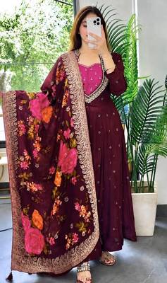 maroon color  beautiful thread embroidery sequins with codding work silk blend gown set 1