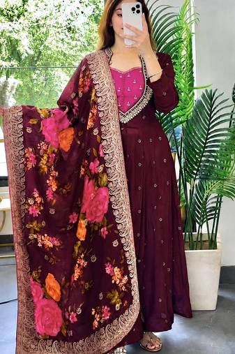 maroon color  beautiful thread embroidery sequins with codding work silk blend gown set