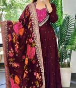 maroon color  beautiful thread embroidery sequins with codding work silk blend gown set