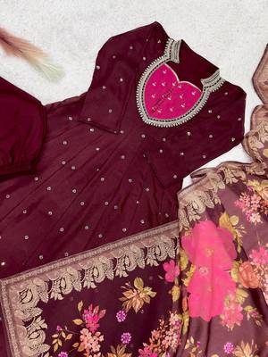 maroon color  beautiful thread embroidery sequins with codding work silk blend gown set 2