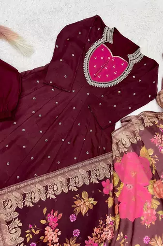 maroon color  beautiful thread embroidery sequins with codding work silk blend gown set