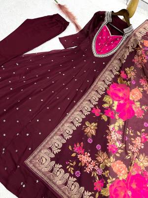 maroon color  beautiful thread embroidery sequins with codding work silk blend gown set 3