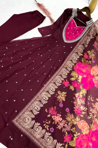 maroon color  beautiful thread embroidery sequins with codding work silk blend gown set