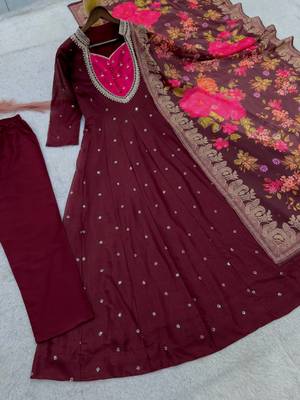 maroon color  beautiful thread embroidery sequins with codding work silk blend gown set 4