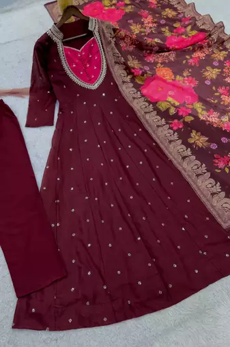 maroon color  beautiful thread embroidery sequins with codding work silk blend gown set