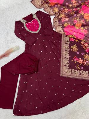 maroon color  beautiful thread embroidery sequins with codding work silk blend gown set 5