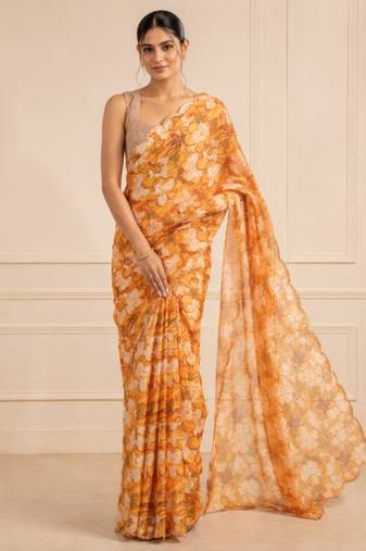 orange heavy silk blend mirror work saree