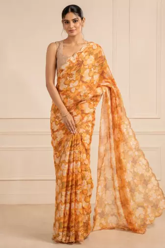 heavy chinon silk blend mirror work saree