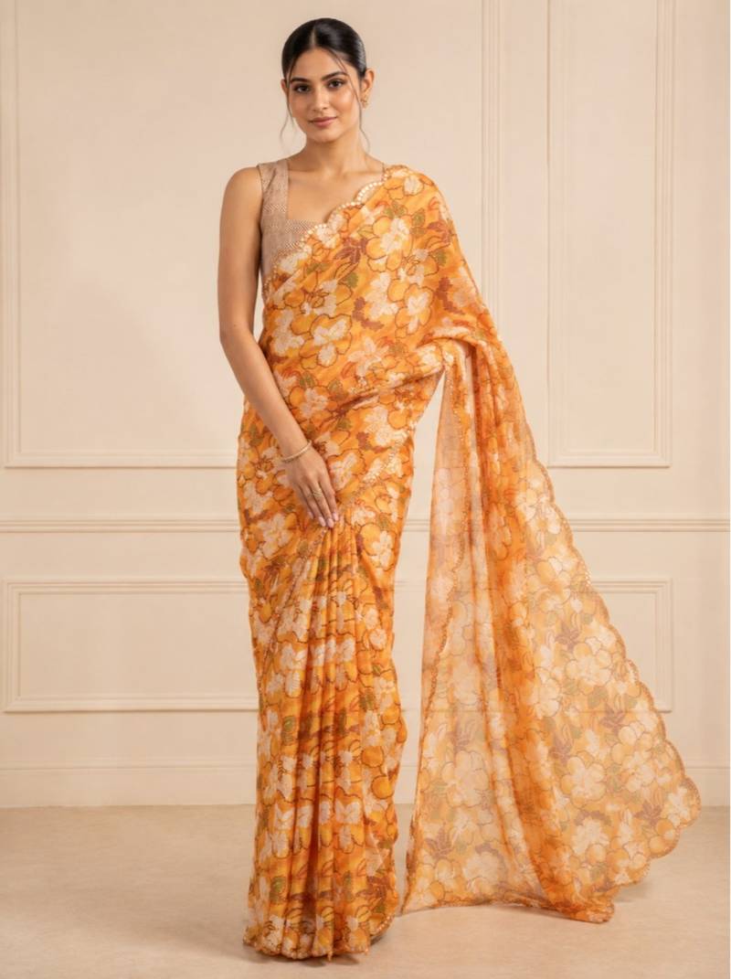 heavy chinon silk blend mirror work saree