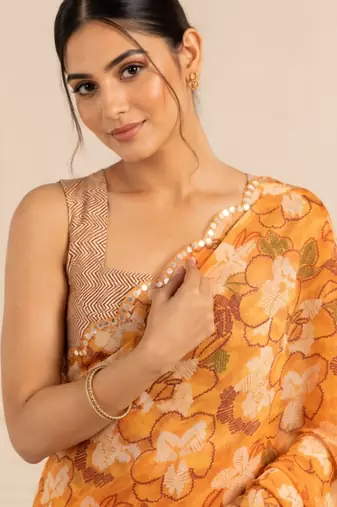 heavy chinon silk blend mirror work saree