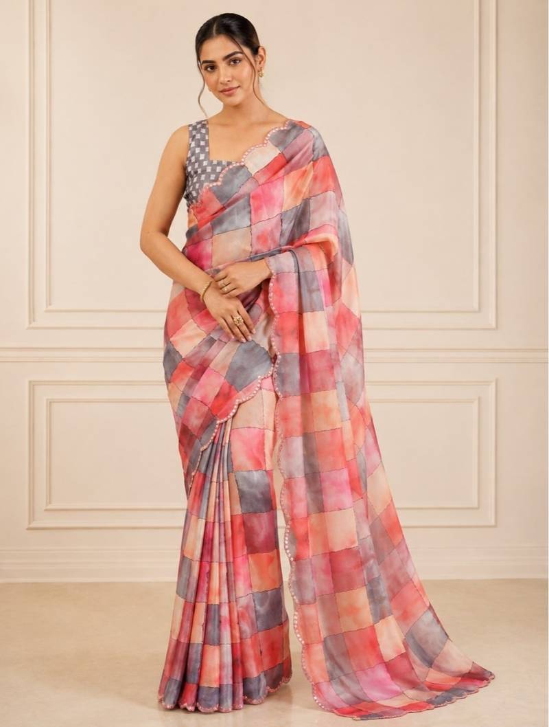 heavy chinon silk blend mirror work saree
