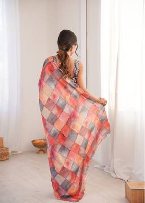 heavy chinon silk blend mirror work saree 3