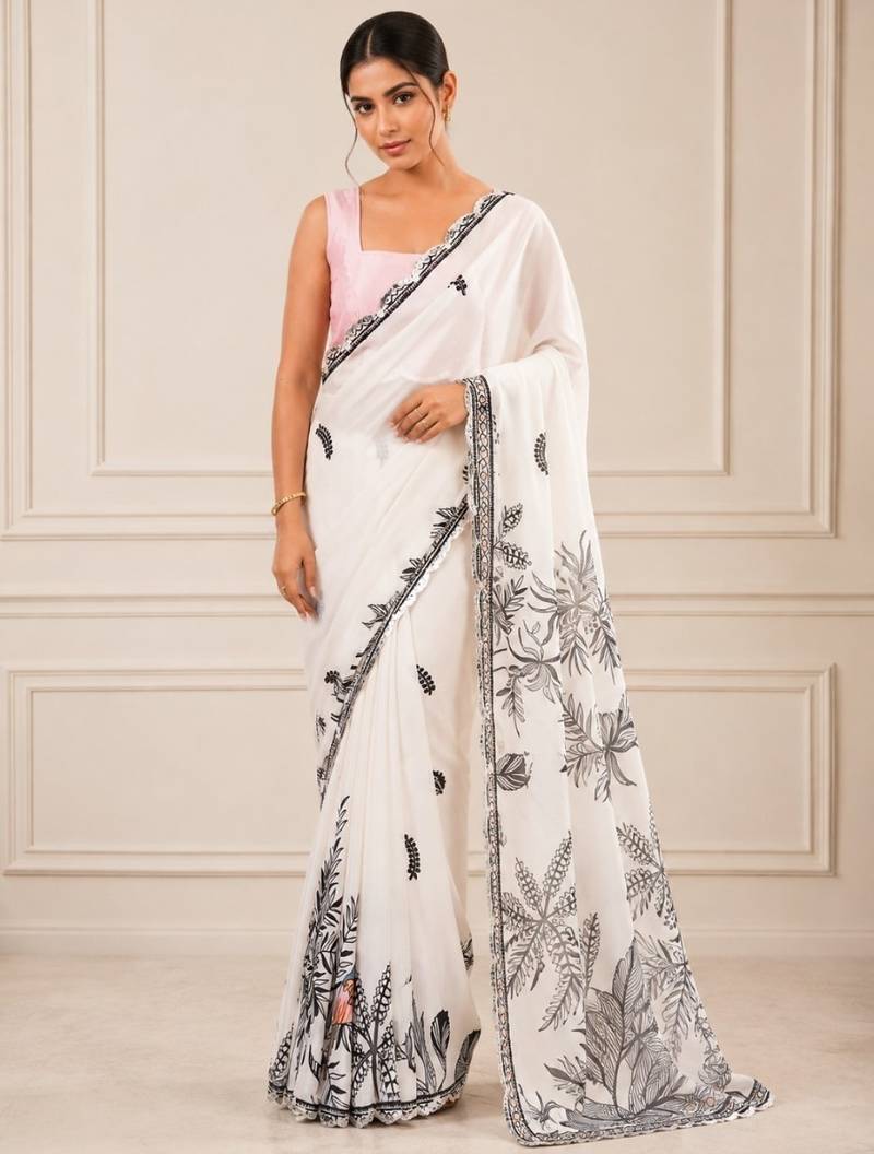 heavy chinon silk blend mirror work saree