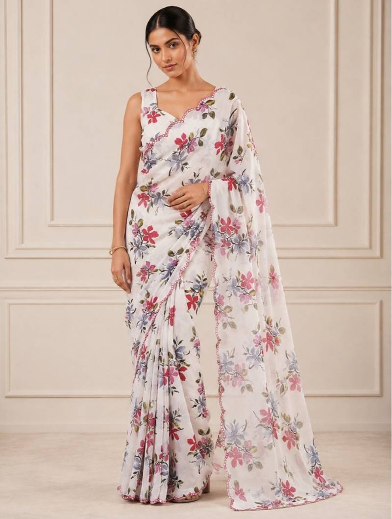 heavy chinon silk blend mirror work saree