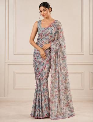 heavy chinon silk blend mirror work saree 1
