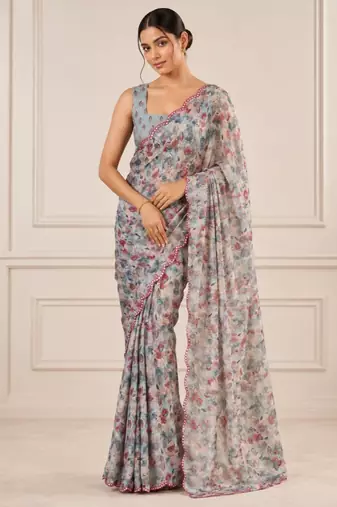 heavy chinon silk blend mirror work saree