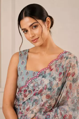 heavy chinon silk blend mirror work saree