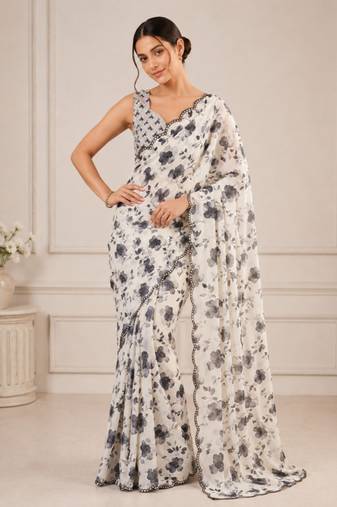 off white heavy silk blend mirror work saree