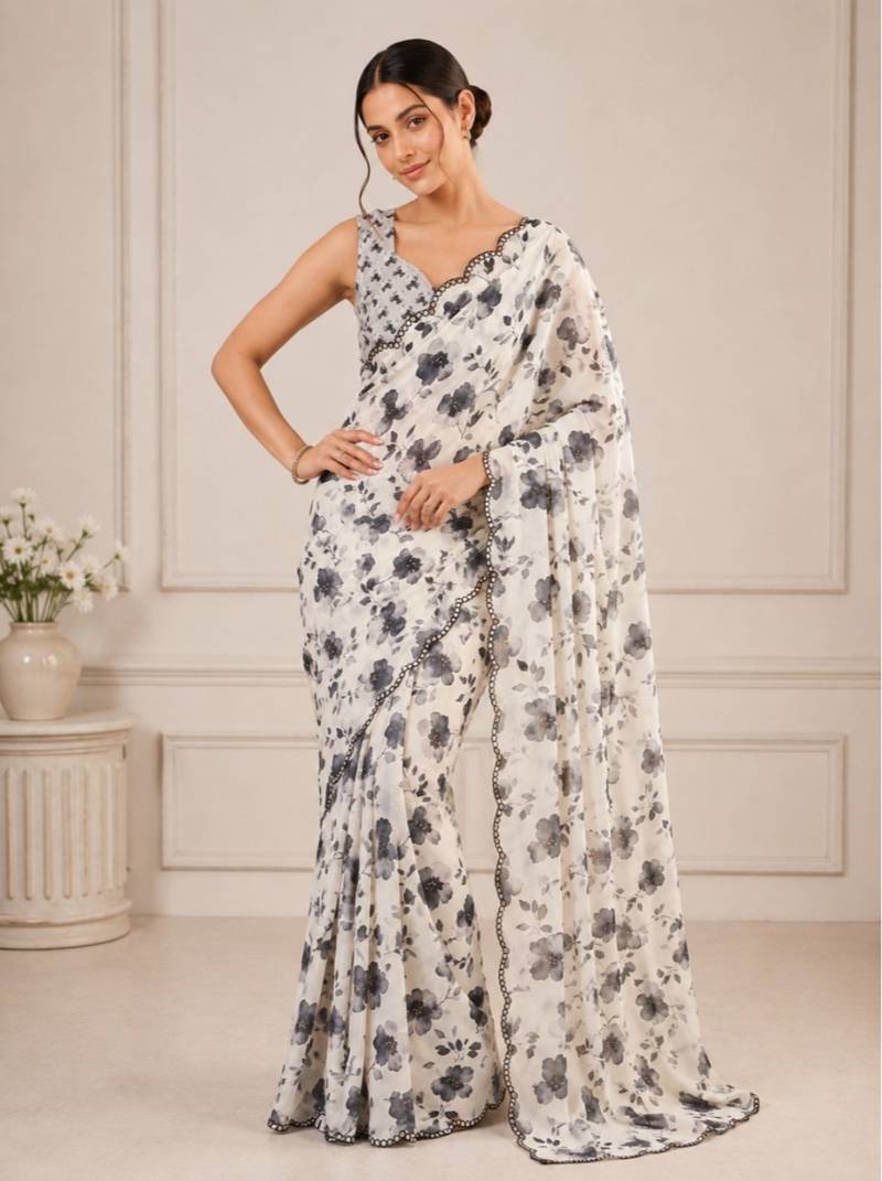 heavy chinon silk blend mirror work saree