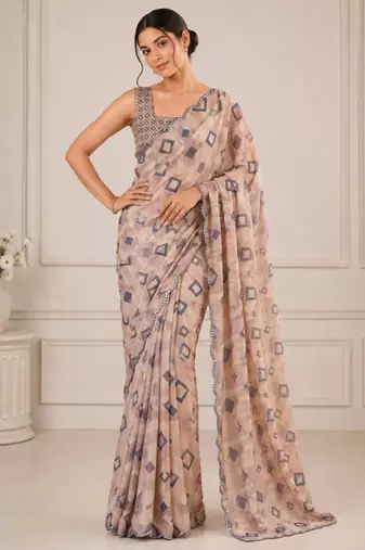 heavy chinon silk blend mirror work saree