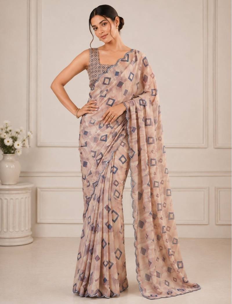 heavy chinon silk blend mirror work saree