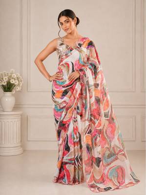 heavy chinon silk blend mirror work saree 1