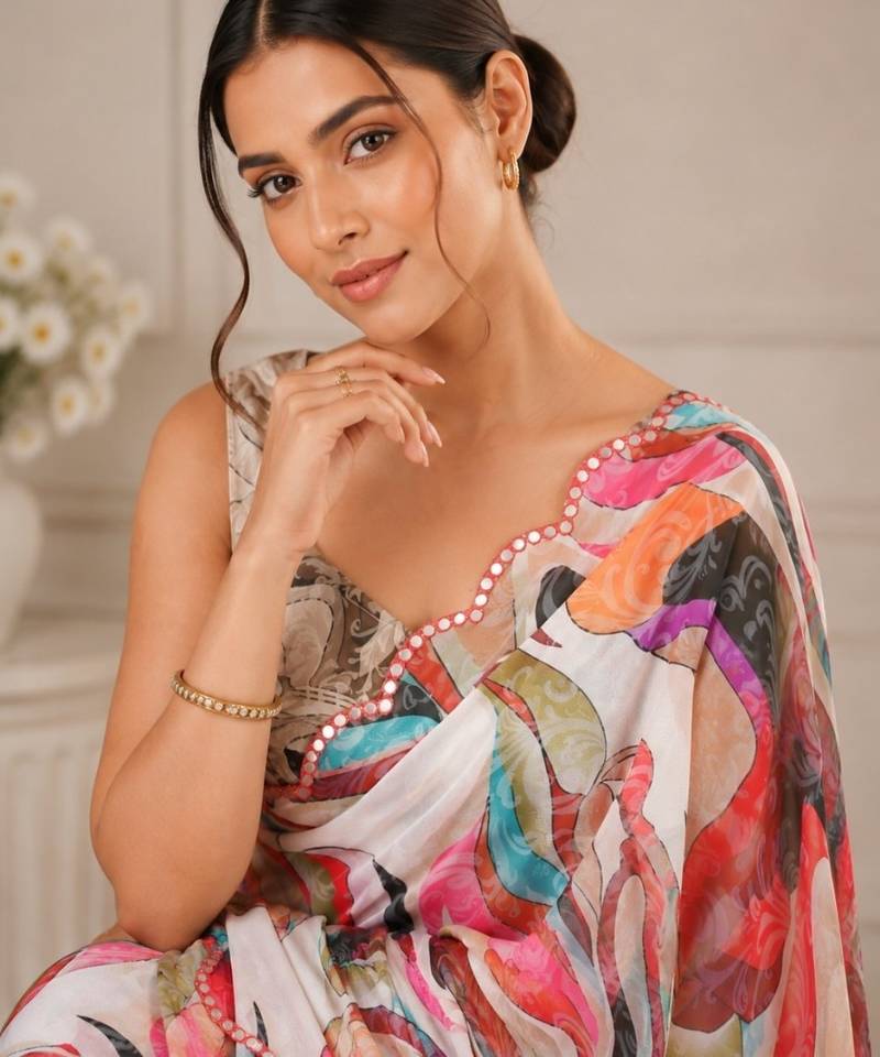 heavy chinon silk blend mirror work saree