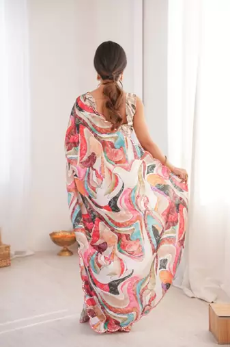 heavy chinon silk blend mirror work saree