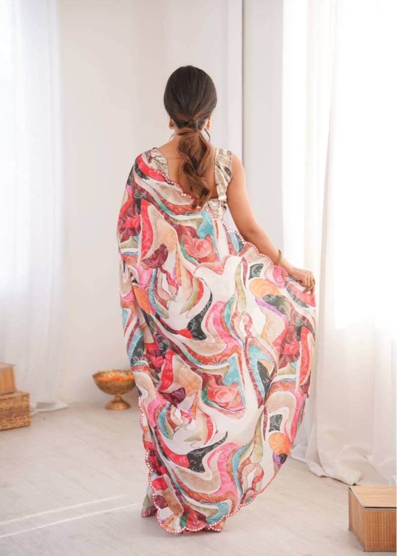 heavy chinon silk blend mirror work saree