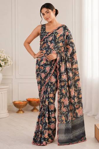 charcoal heavy silk blend mirror work saree