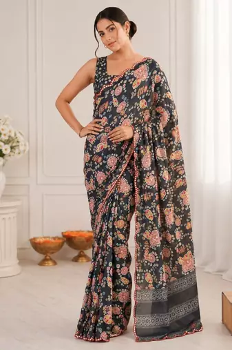 heavy chinon silk blend mirror work saree