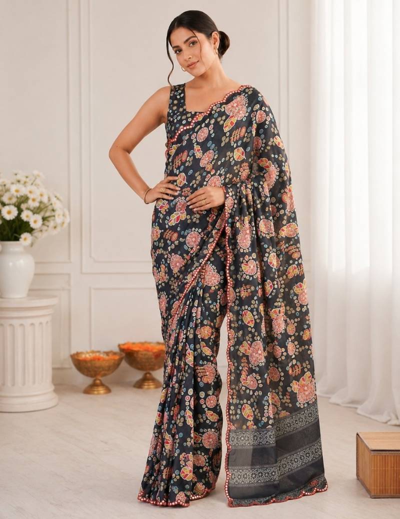heavy chinon silk blend mirror work saree